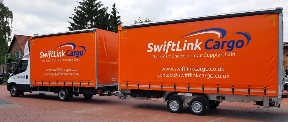 Illustration of the branded SwiftLink Cargo orange curtainsider and matching trailer
