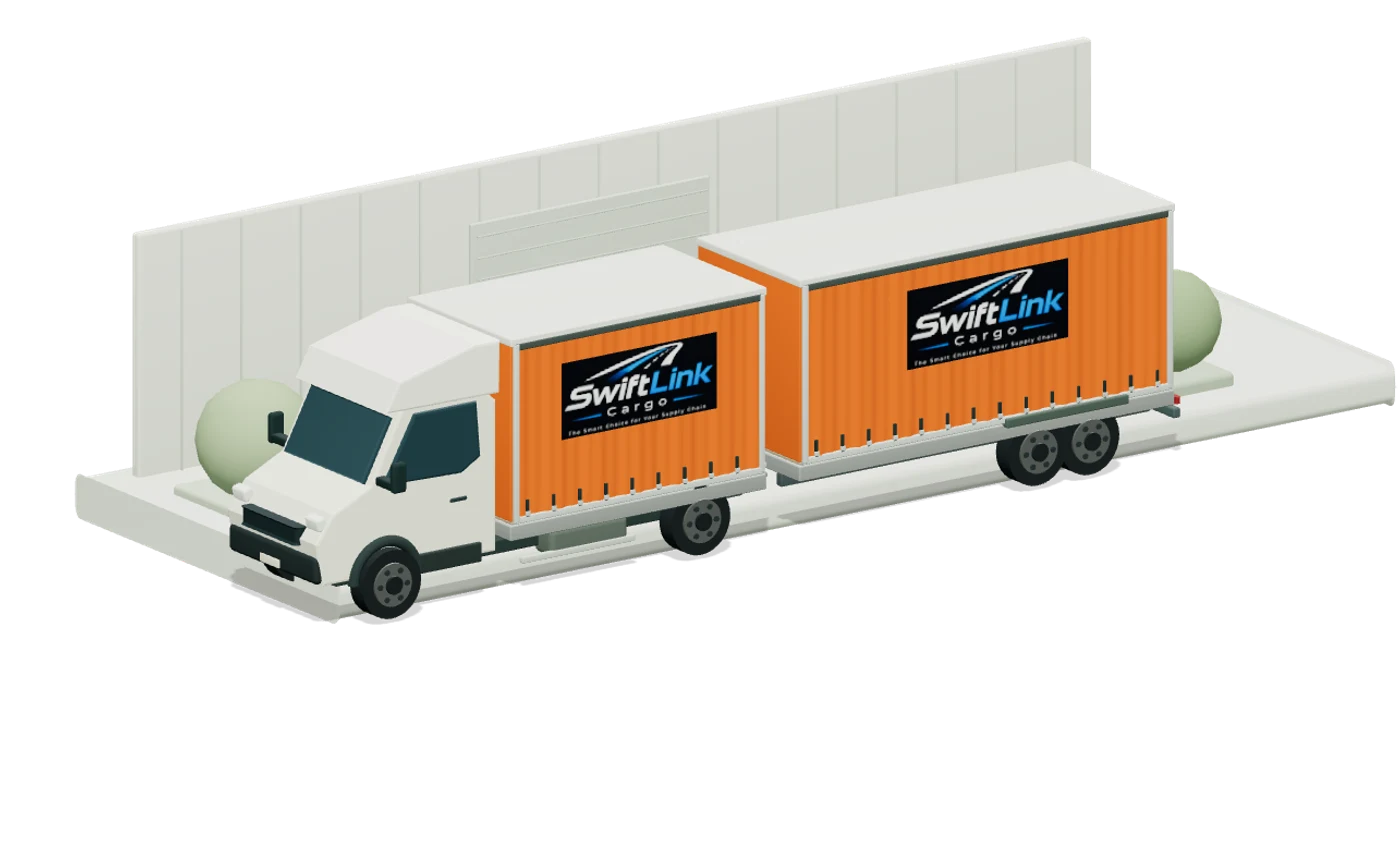 Stylised three-quarter view of the white cab, orange curtainsider vehicle and matching tandem-axle trailer