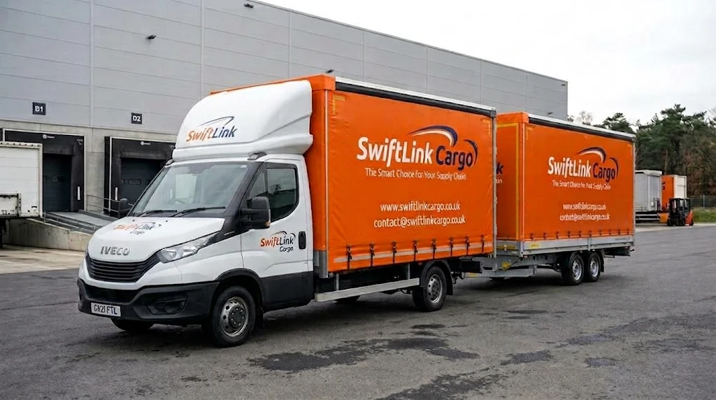Our actual white-cab orange curtainsider and matching orange tandem-axle trailer at a loading yard
